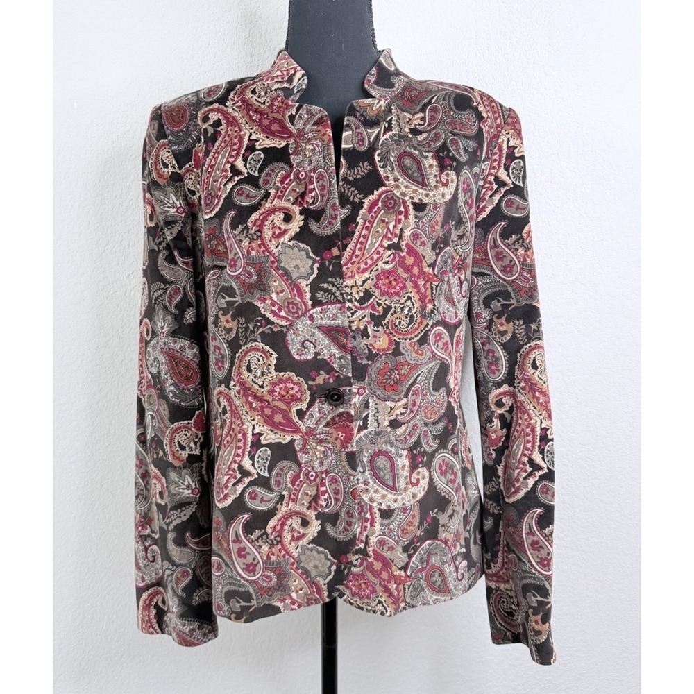 Talbots Velvet Paisley Blazer Jacket Silk Cotton Size 12 Brown Pink Retro Vtg